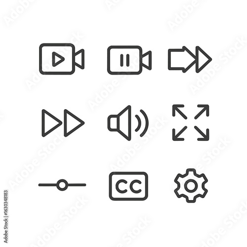 Video Control Icons. Outline icon set of camcorder video playback: play button, pause button, rewind, fast forward, volume control