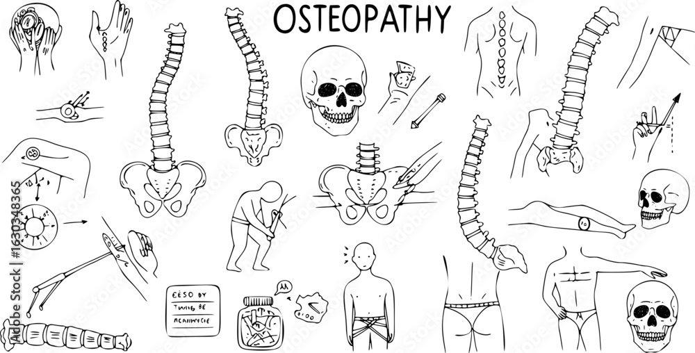 Obraz premium Illustrations for Osteopathy: Detailed anatomical views of spine, pelvis, and skull, manual therapy techniques, diagnostic methods, and patient assessment in chiropractic and physical therapy.