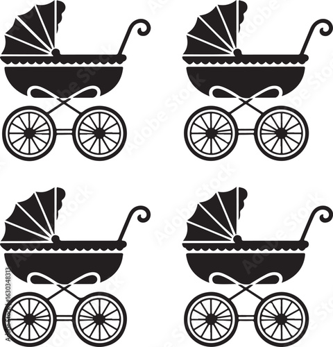 Four black baby carriage icons on white background