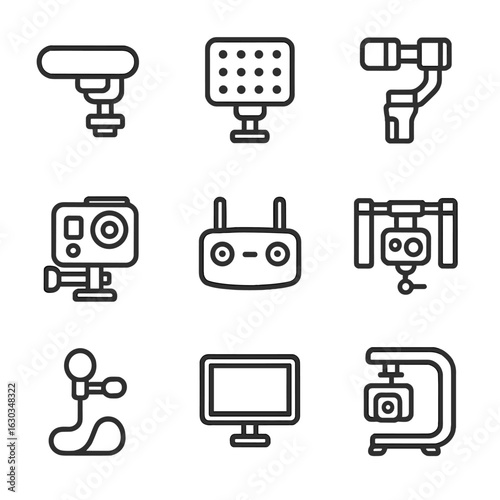 Video Equipment Icons. Outline icon set of video gear for camera bags: shotgun mic, LED light, gimbal, action cam, drone