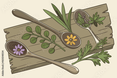 Botanical arrangement featuring spoons filled with flowers and herbs on a wooden surface displayed nicely