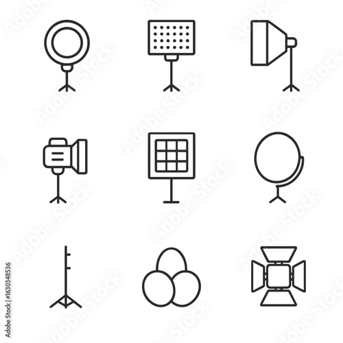 Videography Lighting Icons. Outline icon set of videography lighting equipment: ring light, LED panel, softbox, spotlight,