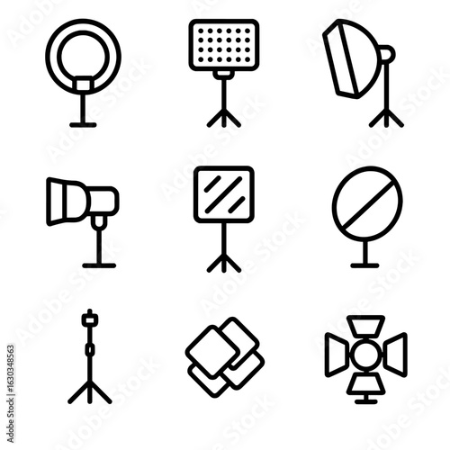 Videography Lighting Icons. Outline icon set of videography lighting equipment: ring light, LED panel, softbox, spotlight,