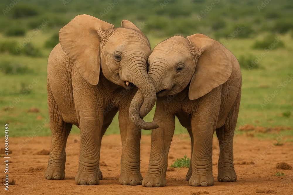 Obraz premium Two young elephants are touching trunks in a field of grass