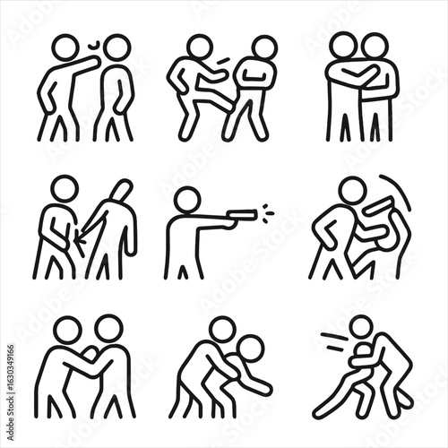 Violence Icon Set. Outline icon set of violent actions: punch, kick, chokehold, stabbing, shooting, slashing, headbutt, grappling,
