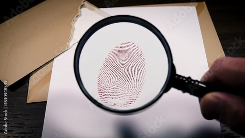 Blood fingerprint analysis, magnifying glass, forensic, dark wood desk, crime scene investigation