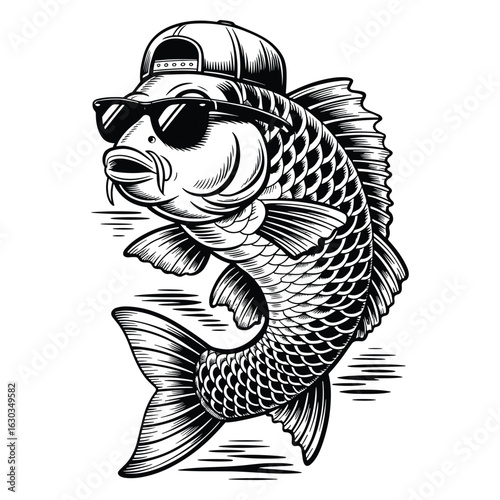 Illustration of cool koi fish wearing sunglasses and hat