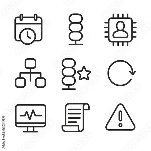 Virtual Thread Icons. Outline icon set of virtual thread management: scheduler, queue, worker thread, task dispatcher, priority
