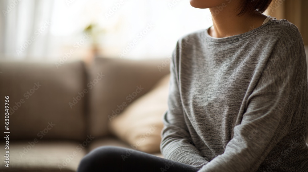 Obraz premium Relaxed woman sitting on sofa in comfortable home attire, soft diffused window light in living room. 