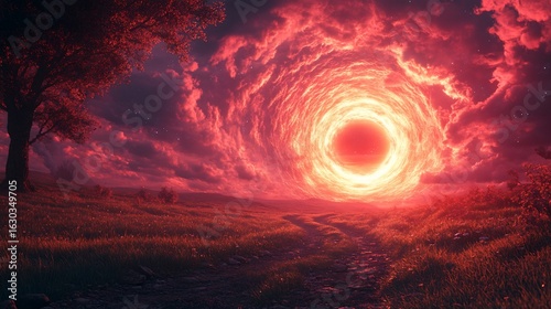 A vivid, surreal landscape with an ominous red portal dominating the sky. A dirt path leads to it, framed by a tree and fields