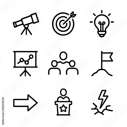 Visionary Leadership Icons. Outline icon set of visionary leadership: telescope vision, goal target, idea bulb, plan chart, team