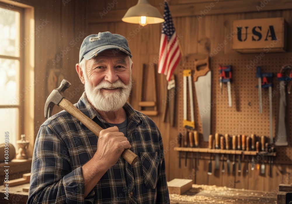 Obraz premium Smiling carpenter with hammer in workshop tools USA flag and wood shavings