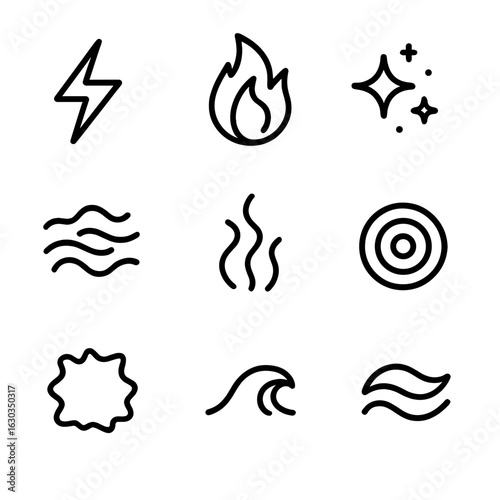 Void Energy Icons. Outline icon set of void energy forms: dark lightning, void flame, cosmic spark, abyssal mist, black smoke,