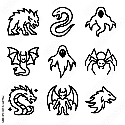 Void Creature Icons. Outline icon set of void creatures: shadow void beast, void serpent, abyssal wraith, void dragon, dark