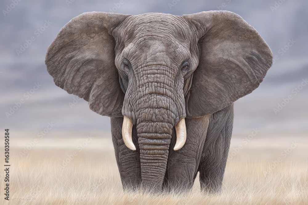 Naklejka premium Majestic African elephant standing in golden grassland showcasing intricate textures and details of its skin creating a powerful impression of strength and grace under soft natural lighting