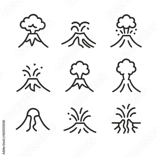 Volcanic Eruption Icons. Outline icon set of volcanic eruption types: explosive, effusive, phreatic, strombolian, vulcanian,