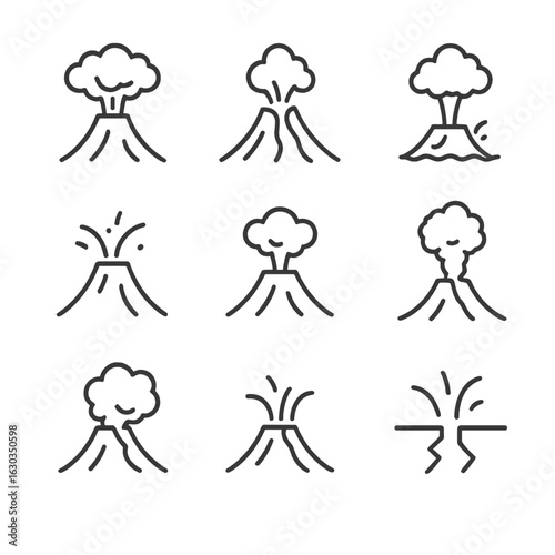 Volcanic Eruption Icons. Outline icon set of volcanic eruption types: explosive, effusive, phreatic, strombolian, vulcanian,