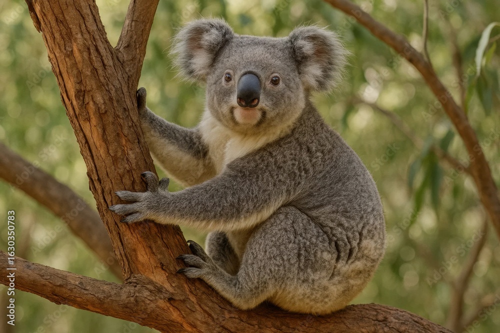 Naklejka premium A joyful koala enjoys a sunny day perched on a tree branch