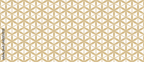 Golden vector seamless pattern. Abstract floral geometric ornament. Gold and white background with flowers, lines, hexagonal grid, triangles, lattice. Simple luxury repeating design for decor, print