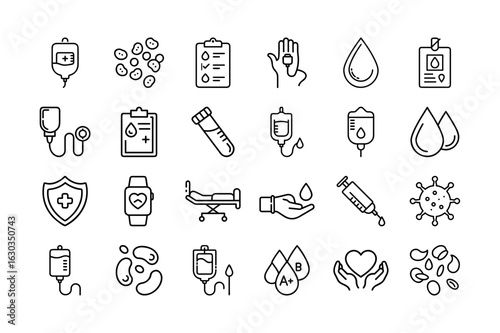 Blood Vector Icon Set. Blood donation, blood type, transfusion, test tube, syringe, medical care, healthcare, heart, virus, medical records, and more. Editable stroke. Vector illustration.