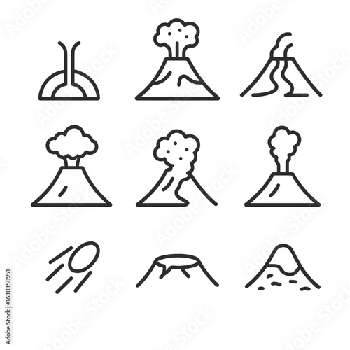 Volcano Eruption Icons. Outline icon set of volcanic eruption stages: magma chamber, vent eruption, lava outflow, ash cloud,