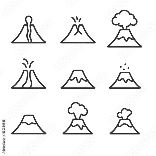 Volcano Eruption Stages. Outline icon set of volcanic eruption stages: magma rise, vent opening, ash plume, lava effusion, lava