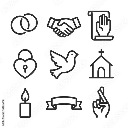 Vow Symbol Icons. Outline icon set of vow concepts: wedding rings, handshake, oath scroll, crossed fingers, heart lock, dove,