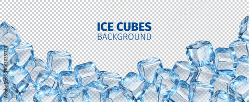 Ice crystal cubes background frame. 3d vector border of realistic blue transparent frozen water blocks along the bottom edge. Glass or icy solid pieces, template for drink ads with clean square lumps