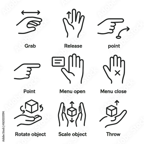 VR Gesture Icon Set. Outline icon set of VR gestures: grab gesture, release gesture, point gesture, teleport gesture, menu open