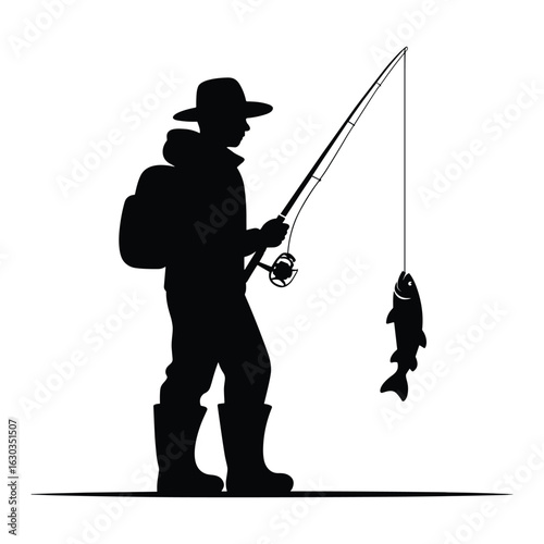 Illustration of fisherman silhouette with caught fish isolated on white