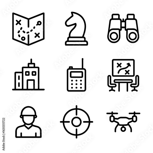 War Strategy Icons. Outline icon set of war strategy: map, chess piece, binoculars, command center, radio communication, war room