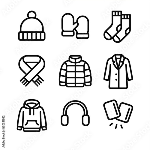 Warm Clothing Icons. Outline icon set of warm clothing: wool hat, mittens, thermal socks, knit scarf, puffer jacket, long coat,