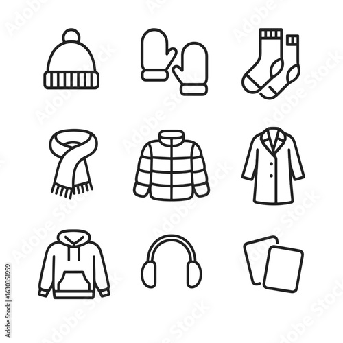 Warm Clothing Icons. Outline icon set of warm clothing: wool hat, mittens, thermal socks, knit scarf, puffer jacket, long coat,