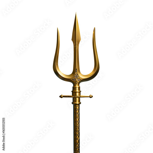 Intricately designed golden antique trident with ornate metallic finish, mythical fantasy weapon concept, shiny and detailed, perfect for games, stories, and digital art