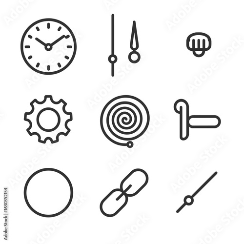Watch Components Icons. Outline icon set of watch components: dial face, watch hands, winding crown, gear wheel, balance spring,
