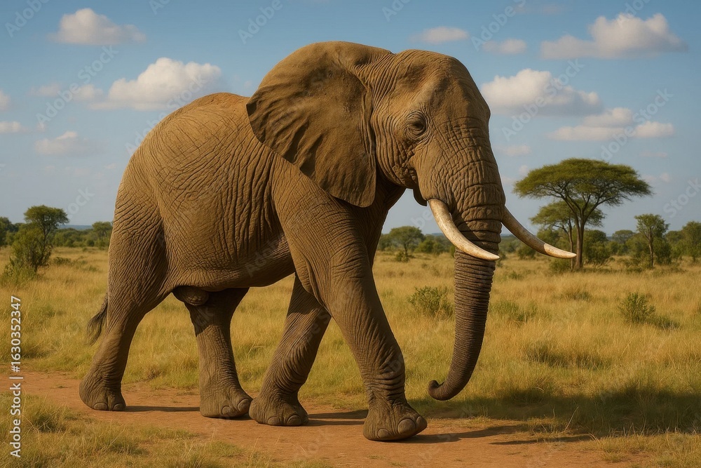 Fototapeta premium A majestic elephant strides through the golden savanna under a clear blue sky