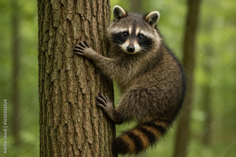 Fototapeta premium A playful raccoon clings onto a tree trunk in a serene forest setting