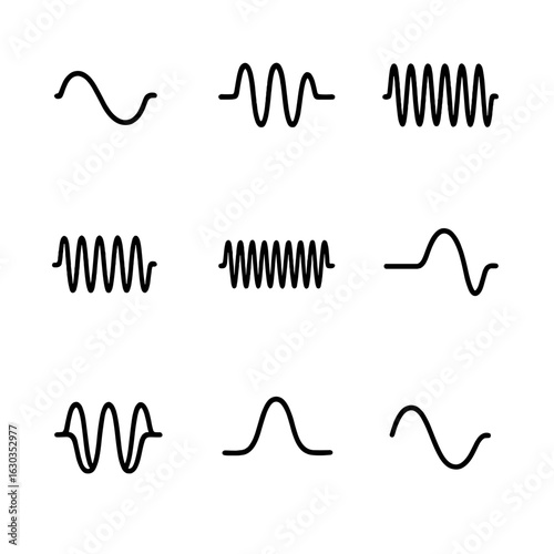 Wave Frequency Icons. Outline icon set of wave frequency: low frequency, medium frequency, high frequency, very high frequency,