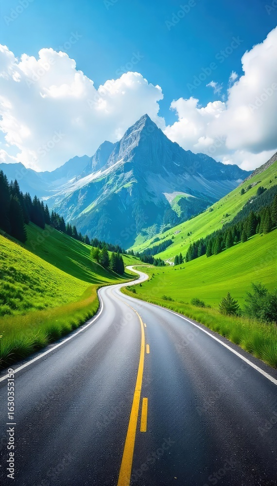 Fototapeta premium A scenic mountain pass road winds through lush green hills under a vibrant blue sky Perfect for travel, adventure, and nature-themed projects , scenic route, car, journey