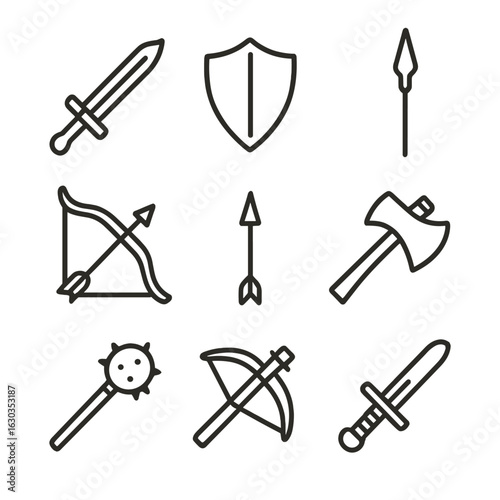Weapon Icon Set. Outline icon set of battle weapons: sword, shield, spear, bow, arrow, axe, mace, crossbow, dagger. Line icons in