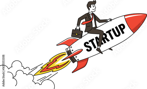 Businessman riding rocket with startup text, business growth concept