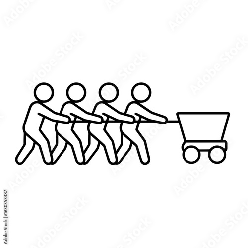 Four people pushing cart icon in outline style representing teamwork and collective effort