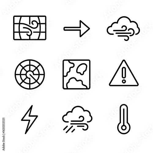 Weather Icon Set. Outline icon set of gust weather forecasting: weather map, wind direction arrow, cloud with gust, weather radar,