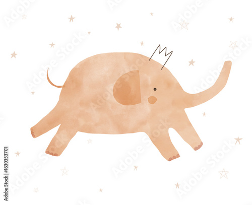 Nursery Art With Happy Baby Elephant Running Among Stars. Brown King Elephant, Isolated On A White Background. Cute Vector Illustration Perfect For Baby Shower Card, Kid's Room Decoration. 