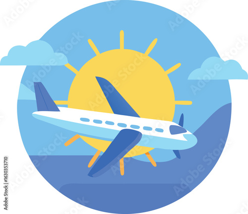 A light blue airplane flies in front of a shining sun with blue background