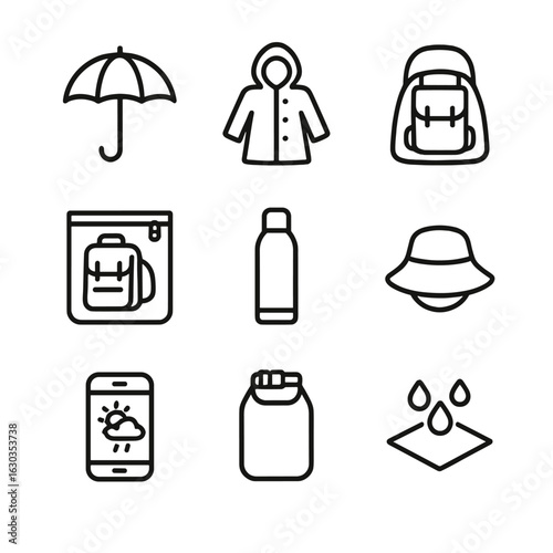 Weather Gear Icons. Outline icon set of weather protection for school bags: umbrella, raincoat, waterproof cover, zip seal pouch,