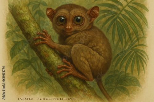Amidst the verdant embrace of the tropical forest, a Tarsier-Bohol primate sits poised on a branch, its large eyes reflecting the wisdom of nature's intricate tapestry