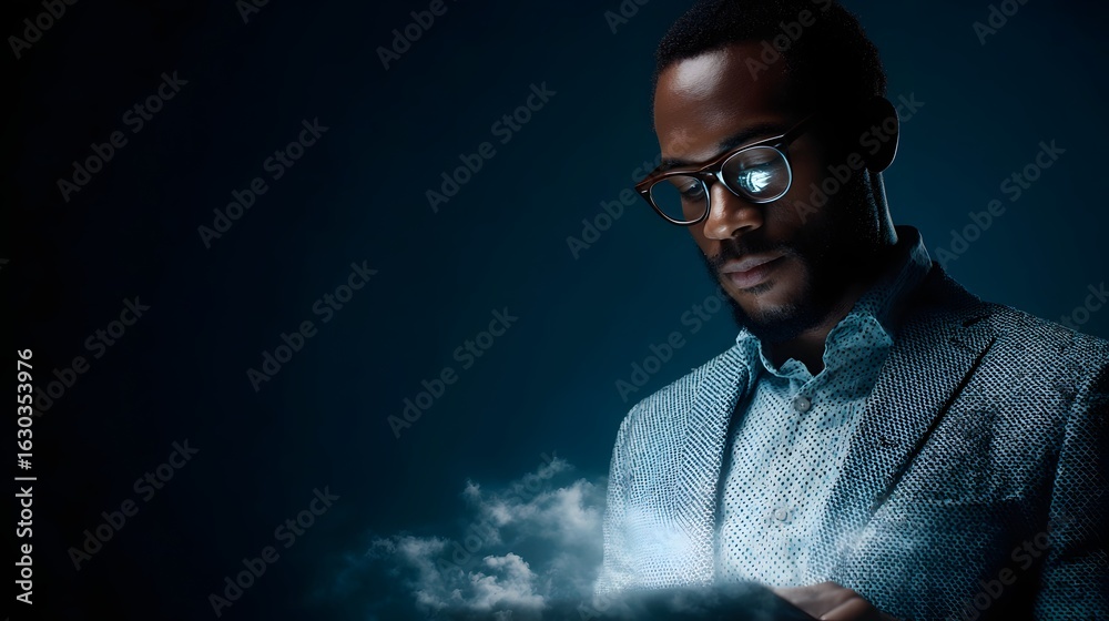 Fototapeta premium Startup founder accessing holographic cloud storage panel