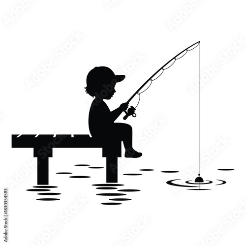 Illustration of child fishing on a pier isolated on white