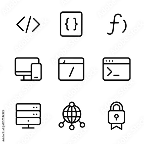 Web Development Icons. Outline icon set of web development code: HTML tag, CSS style, JavaScript function, responsive design, API